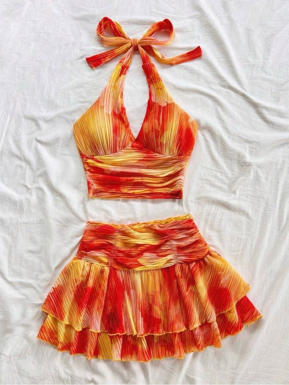SHEIN Red Orange Yellow Pleated Halter Crop Top & Tiered Mini Skirt Set
